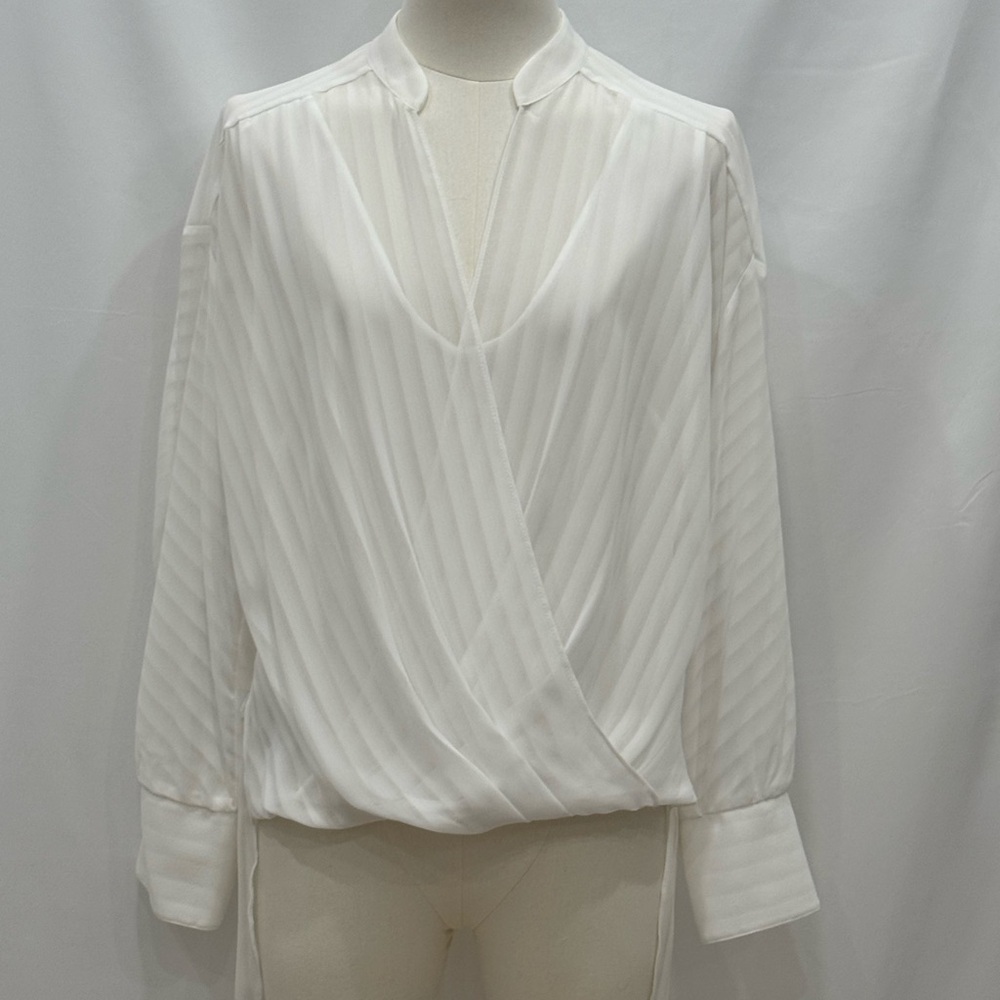 BCBG MaxAzria White Sheer Stripe Faux Wrap Blouse XXS NWOT